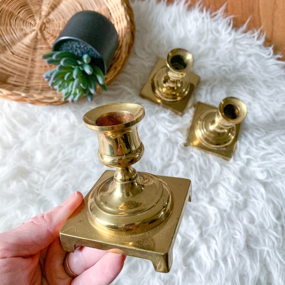 Set of 3 - Vintage MCM Gold Brass Candle Sticks - Picture 1 of 7